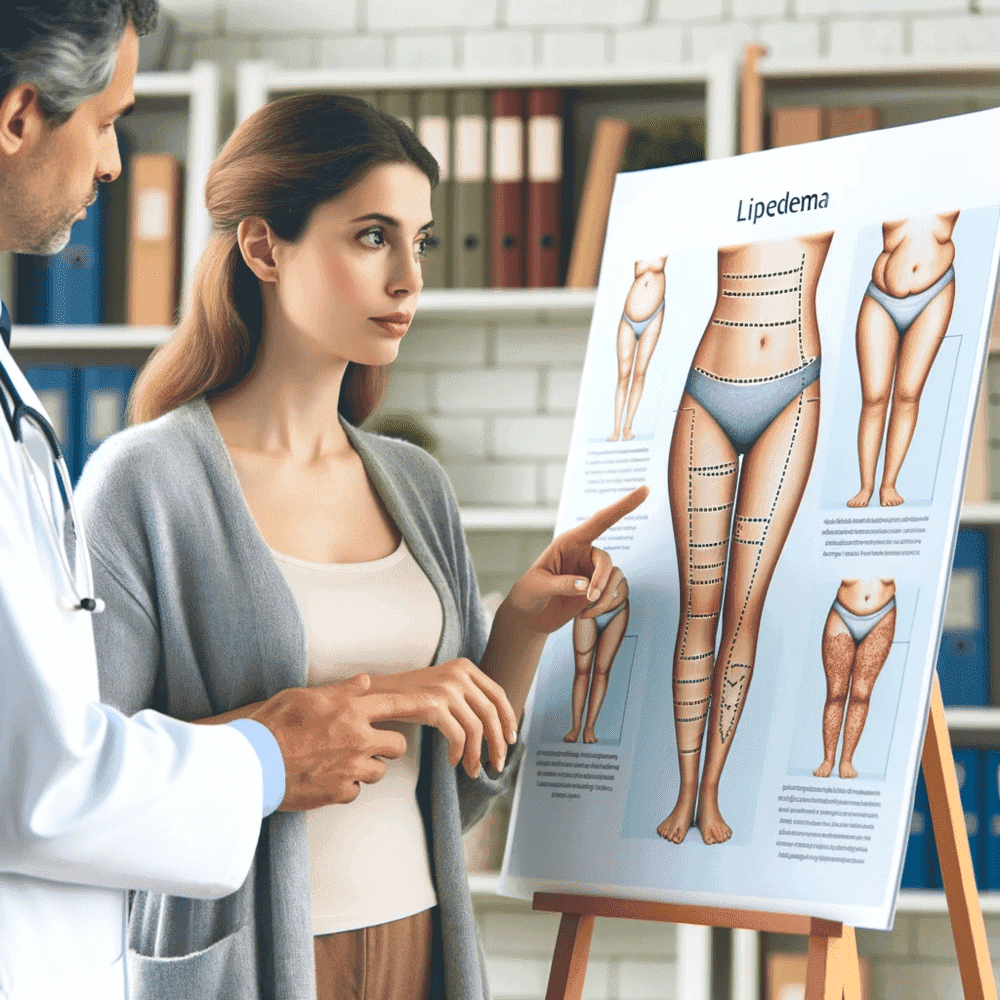 O que é Lipedema e como tratar. Imagem com uma mulher e um médico fazendo análise da parte inferior do corpo. 